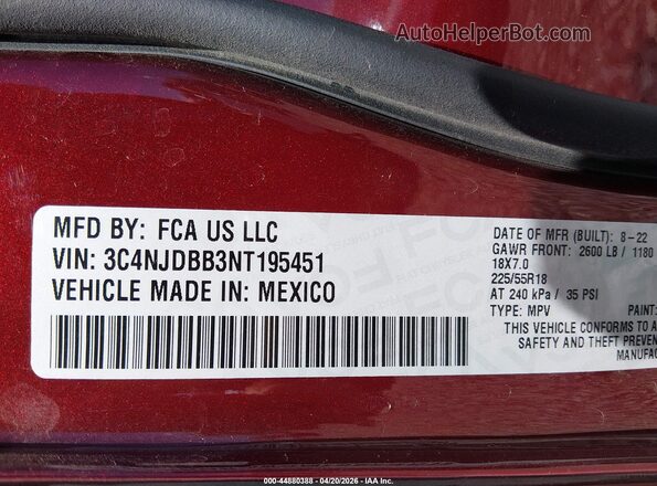 3C4NJDBB3NT195451 2022 JEEP COMPASS Бордовый Вид подкапотного пространства