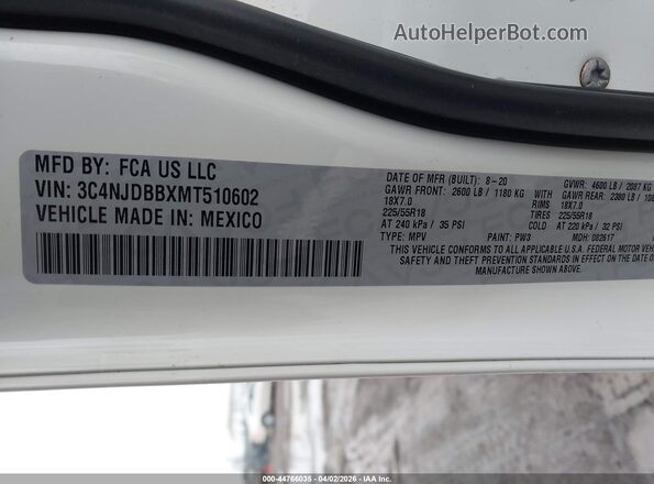 3C4NJDBBXMT510602 2021 JEEP COMPASS White Engine compartment view