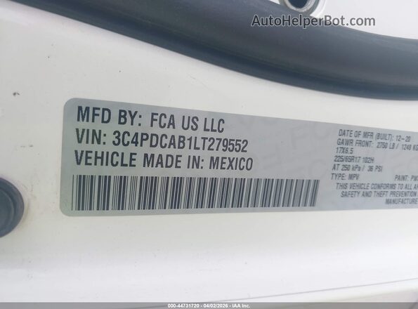 3C4PDCAB1LT279552 2020 DODGE JOURNEY White Engine compartment view