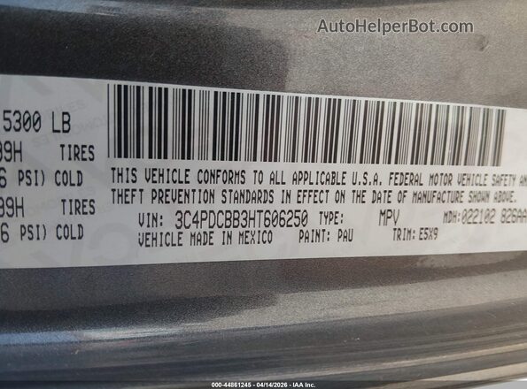 3C4PDCBB3HT606250 2017 DODGE JOURNEY Серый Вид подкапотного пространства