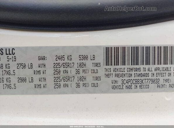 3C4PDCBB3KT779032 2019 DODGE JOURNEY Белый Вид подкапотного пространства