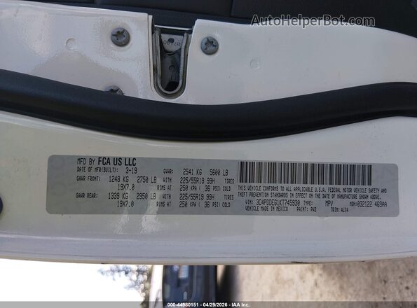 3C4PDDEG1KT745930 2019 DODGE JOURNEY Белый Вид подкапотного пространства