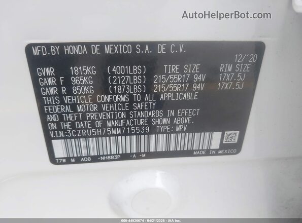 3CZRU5H75MM715539 2021 HONDA HR-V White Widok komory silnika