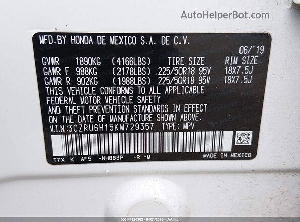 3CZRU6H15KM729357 2019 HONDA HR-V White Շարժիչի բաժամունքի տեսք