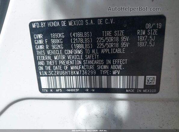 3CZRU6H18KM736299 2019 HONDA HR-V White Շարժիչի բաժամունքի տեսք