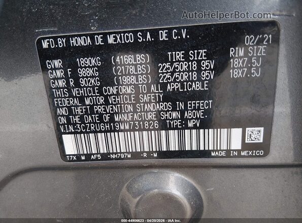 3CZRU6H19MM731826 2021 HONDA HR-V Gray 