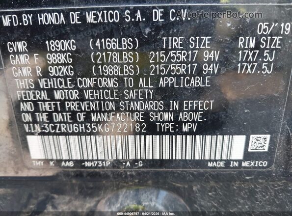 3CZRU6H35KG722182 2019 HONDA HR-V Black 