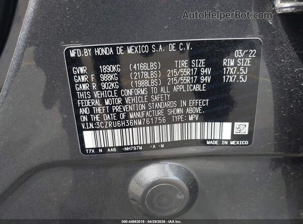 3CZRU6H36NM761756 2022 HONDA HR-V Gray Vista del compartimento del motor