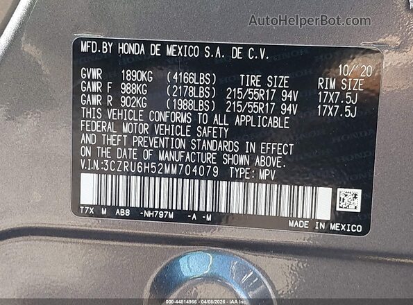 3CZRU6H52MM704079 2021 HONDA HR-V Gray ძრავის განყოფილების ხედი