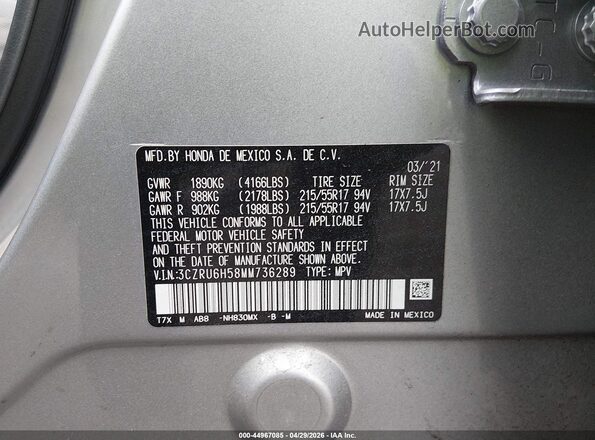 3CZRU6H58MM736289 2021 HONDA HR-V Silver Widok komory silnika