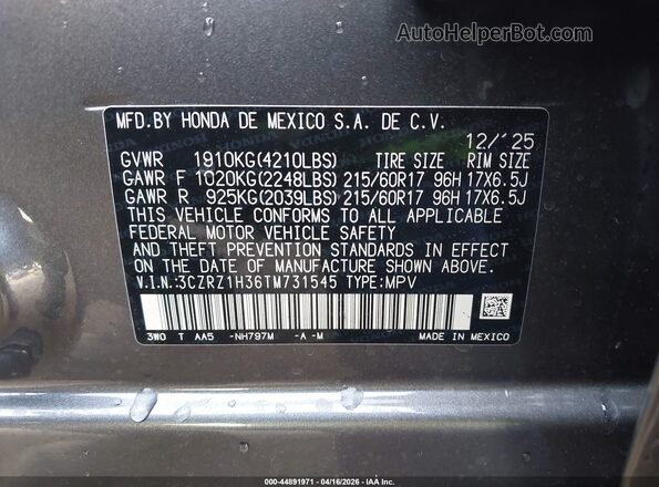 3CZRZ1H36TM731545 2026 HONDA HR-V Gray Widok komory silnika