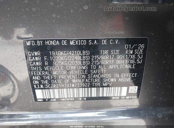 3CZRZ1H39TM733922 2026 HONDA HR-V Gray 