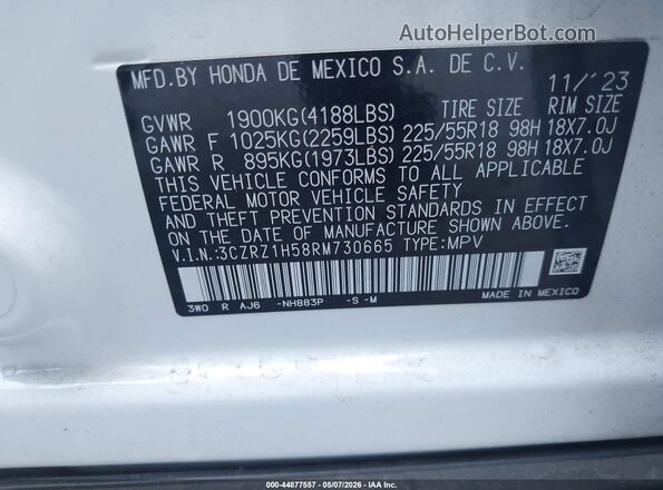 3CZRZ1H58RM730665 2024 HONDA HR-V White Engine compartment view