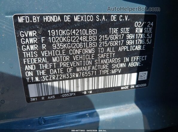 3CZRZ2H33RM765571 2024 HONDA HR-V Blue Vista del compartimento del motor