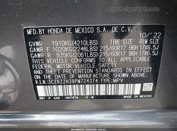 3CZRZ2H39PM724374 2023 HONDA HR-V Gray Engine compartment view