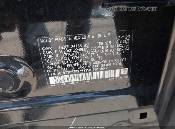 3CZRZ2H53RM754958 2024 HONDA HR-V Black Engine compartment view