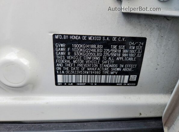 3CZRZ2H53RM784980 2024 HONDA HR-V White Вид наклейки з VIN-кодом