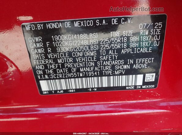 3CZRZ2H55TM719541 2026 HONDA HR-V Red Engine compartment view