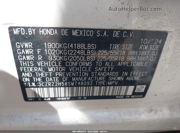 3CZRZ2H58SM748093 2025 HONDA HR-V White Widok komory silnika