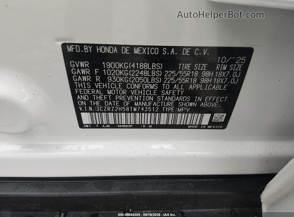 3CZRZ2H58TM743512 2026 HONDA HR-V White Вид підкапотного простору