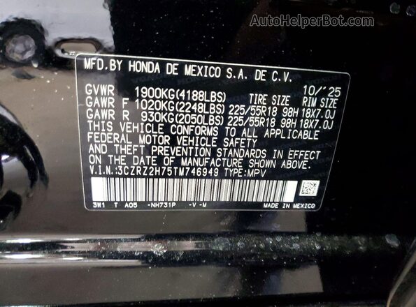 3CZRZ2H75TM746949 2026 HONDA HR-V Black VIN კოდის სტიკერის ხედი