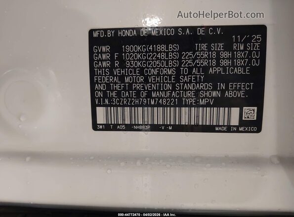 3CZRZ2H79TM748221 2026 HONDA HR-V White Engine compartment view