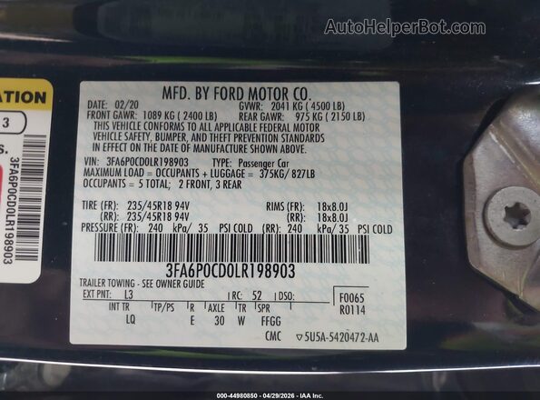 3FA6P0CD0LR198903 2020 FORD FUSION Blue 