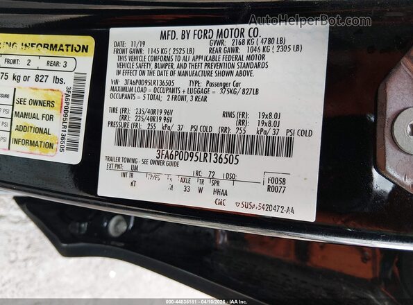 3FA6P0D95LR136505 2020 FORD FUSION Black ძრავის განყოფილების ხედი