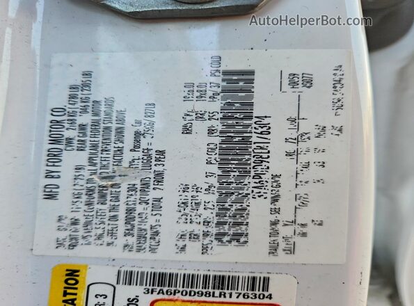 3FA6P0D98LR176304 2020 FORD FUSION White ძრავის განყოფილების ხედი