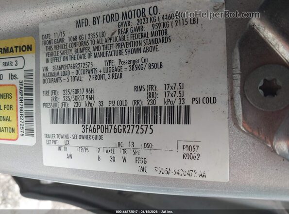 3FA6P0H76GR272575 2016 FORD FUSION Silver Engine compartment view
