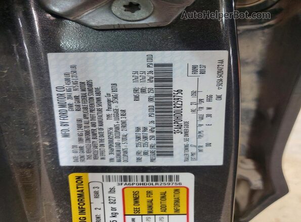 3FA6P0HD0LR259756 2020 FORD FUSION Black Շարժիչի բաժամունքի տեսք