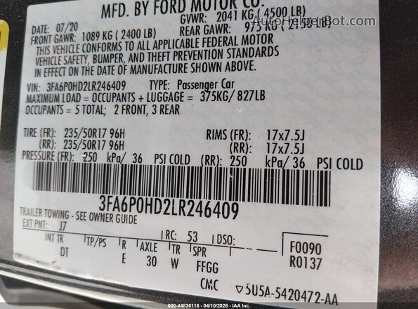3FA6P0HD2LR246409 2020 FORD FUSION Gray Engine compartment view