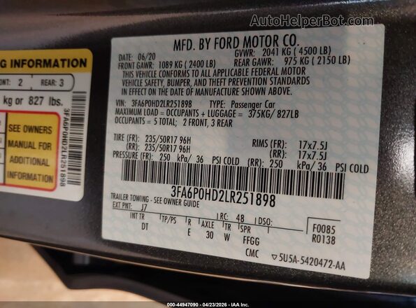 3FA6P0HD2LR251898 2020 FORD FUSION Gray Vista del compartimento del motor