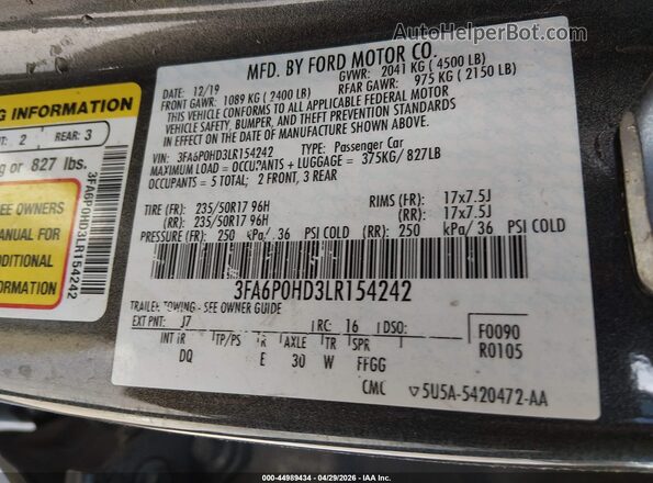 3FA6P0HD3LR154242 2020 FORD FUSION Серый Вид подкапотного пространства