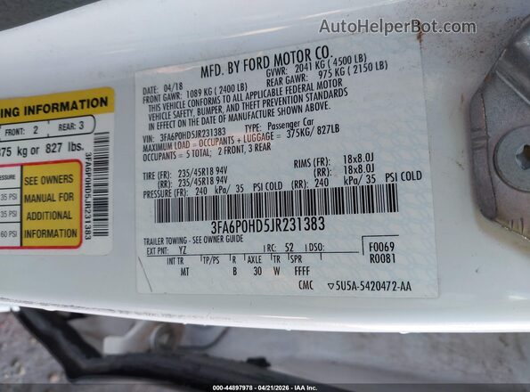 3FA6P0HD5JR231383 2018 FORD FUSION White 