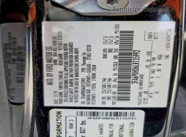 3FA6P0HD6LR135992 2020 FORD FUSION Black Vista de la etiqueta del VIN