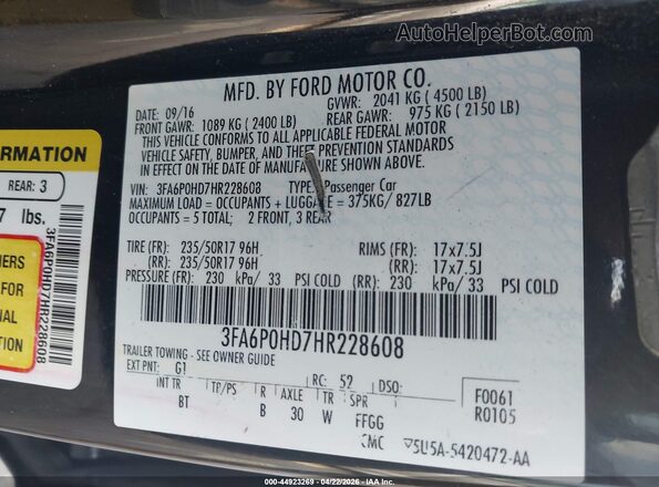 3FA6P0HD7HR228608 2017 FORD FUSION Black 