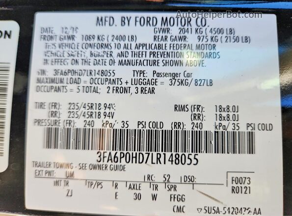 3FA6P0HD7LR148055 2020 FORD FUSION Black Շարժիչի բաժամունքի տեսք