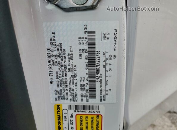 3FA6P0HD7LR222736 2020 FORD FUSION White ძრავის განყოფილების ხედი