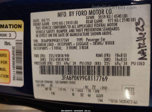 3FA6P0K99GR117769 2016 FORD FUSION Dark Blue 