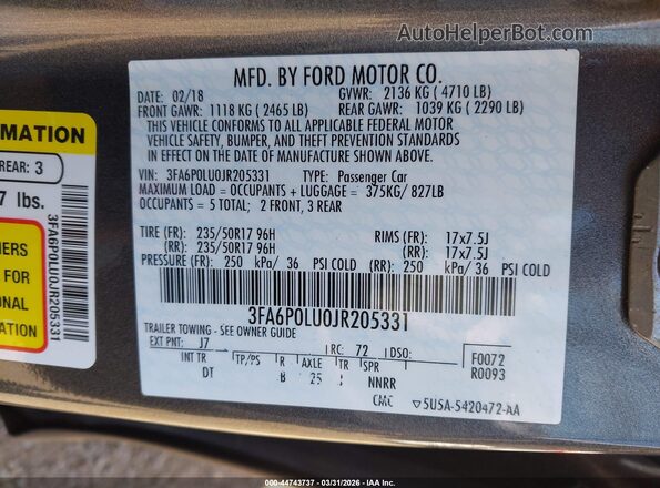 3FA6P0LU0JR205331 2018 FORD FUSION HYBRID Gray ძრავის განყოფილების ხედი
