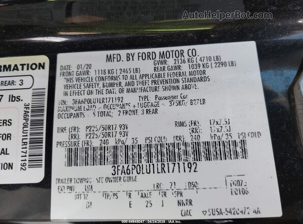 3FA6P0LU1LR171192 2020 FORD FUSION Black Widok komory silnika