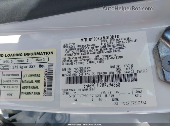 3FA6P0LU2HR294880 2017 FORD FUSION HYBRID Белый Вид подкапотного пространства