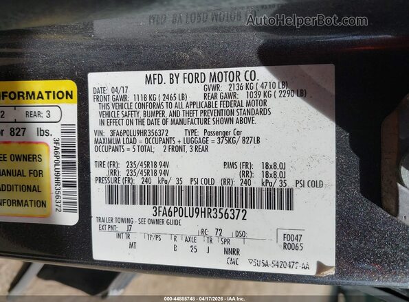 3FA6P0LU9HR356372 2017 FORD FUSION HYBRID Gray Շարժիչի բաժամունքի տեսք