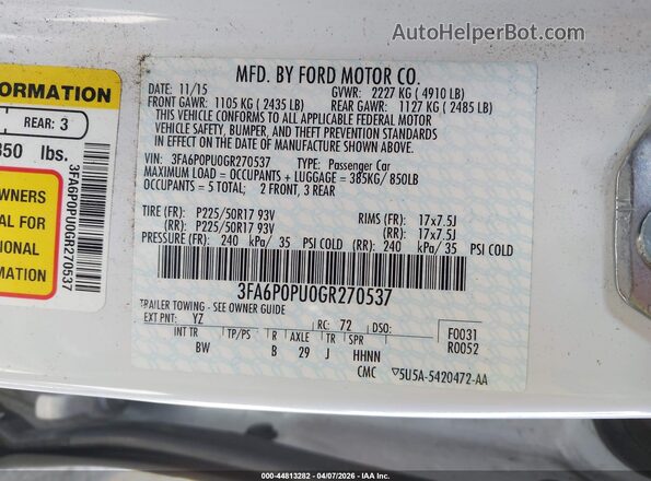 3FA6P0PU0GR270537 2016 FORD FUSION ENERGI White 