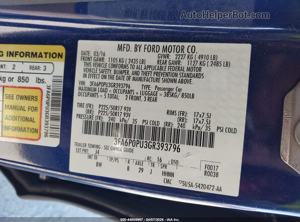 3FA6P0PU3GR393796 2016 FORD FUSION ENERGI Blue 