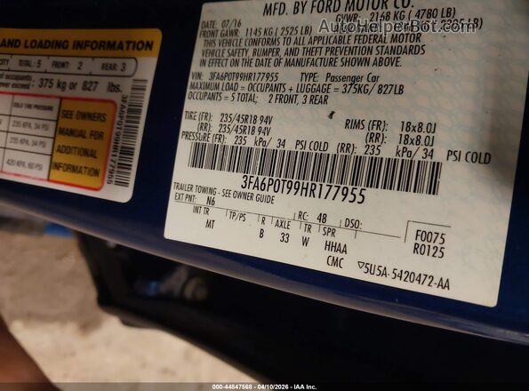3FA6P0T99HR177955 2017 FORD FUSION Blue Vista del compartimento del motor