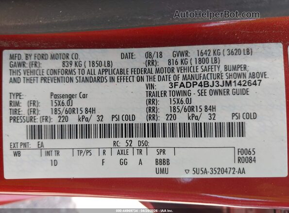 3FADP4BJ3JM142647 2018 FORD FIESTA Красный Вид подкапотного пространства