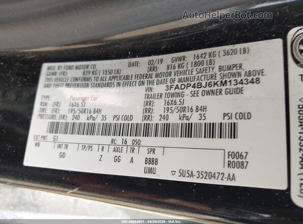 3FADP4BJ6KM134348 2019 FORD FIESTA Черный Вид подкапотного пространства