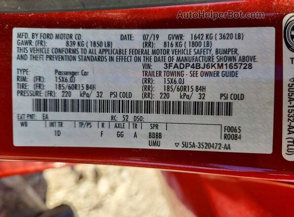 3FADP4BJ6KM165728 2019 FORD FIESTA Red 